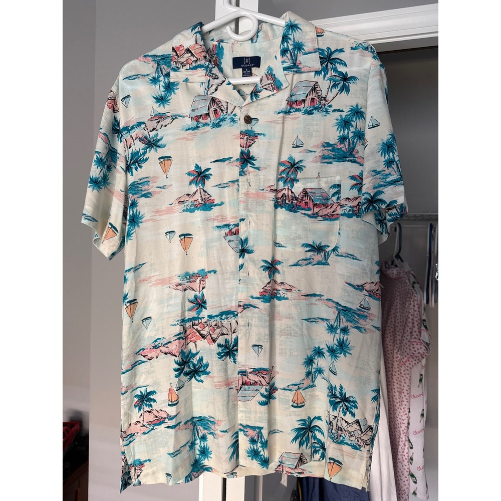 George Men Tropical Hawaiian‎ Shirt Teal Pink Palm Tree Rayon Camp Collar Small